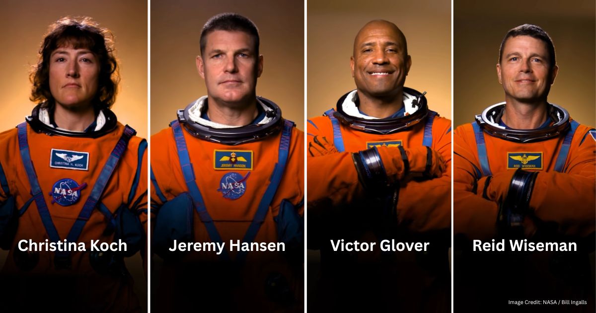 Artemis II crew — Christina Koch, Jeremy Hansen, Victor Glover, Reid Wiseman - NASA Moon mission 2026 orange spacesuits
